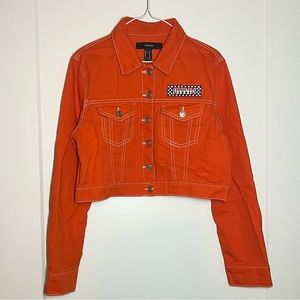 racer jacket forever 21 denim jean orange checkers